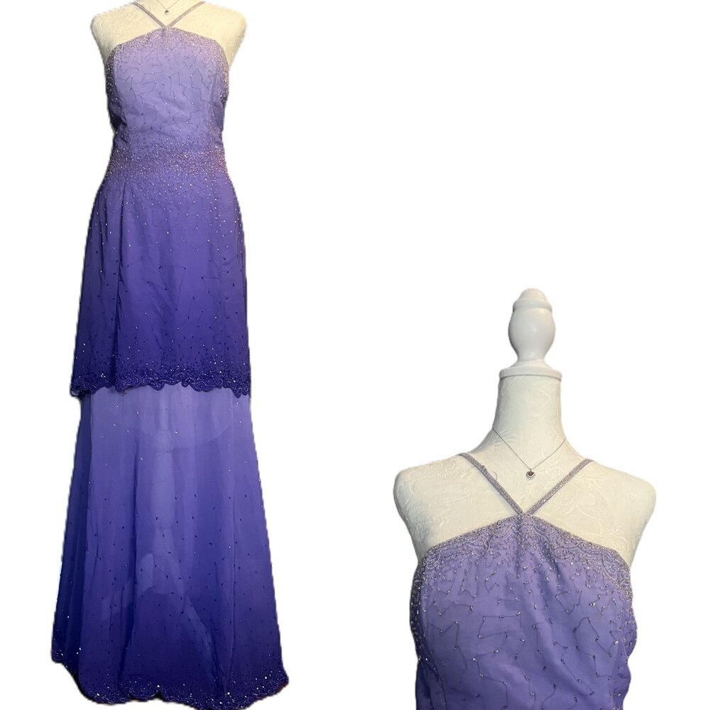 Alyce Designs Y2K Purple Beaded Ombre Prom Gown Formal Dress Size 12